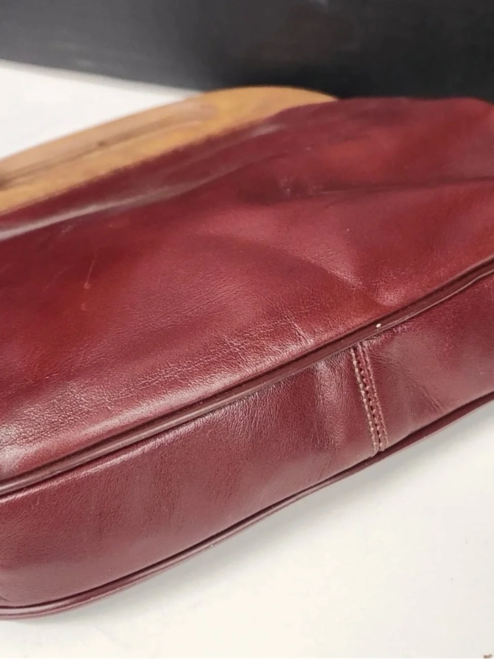 Vintage Leather Tote Bag with Wooden Handle - Oxblood